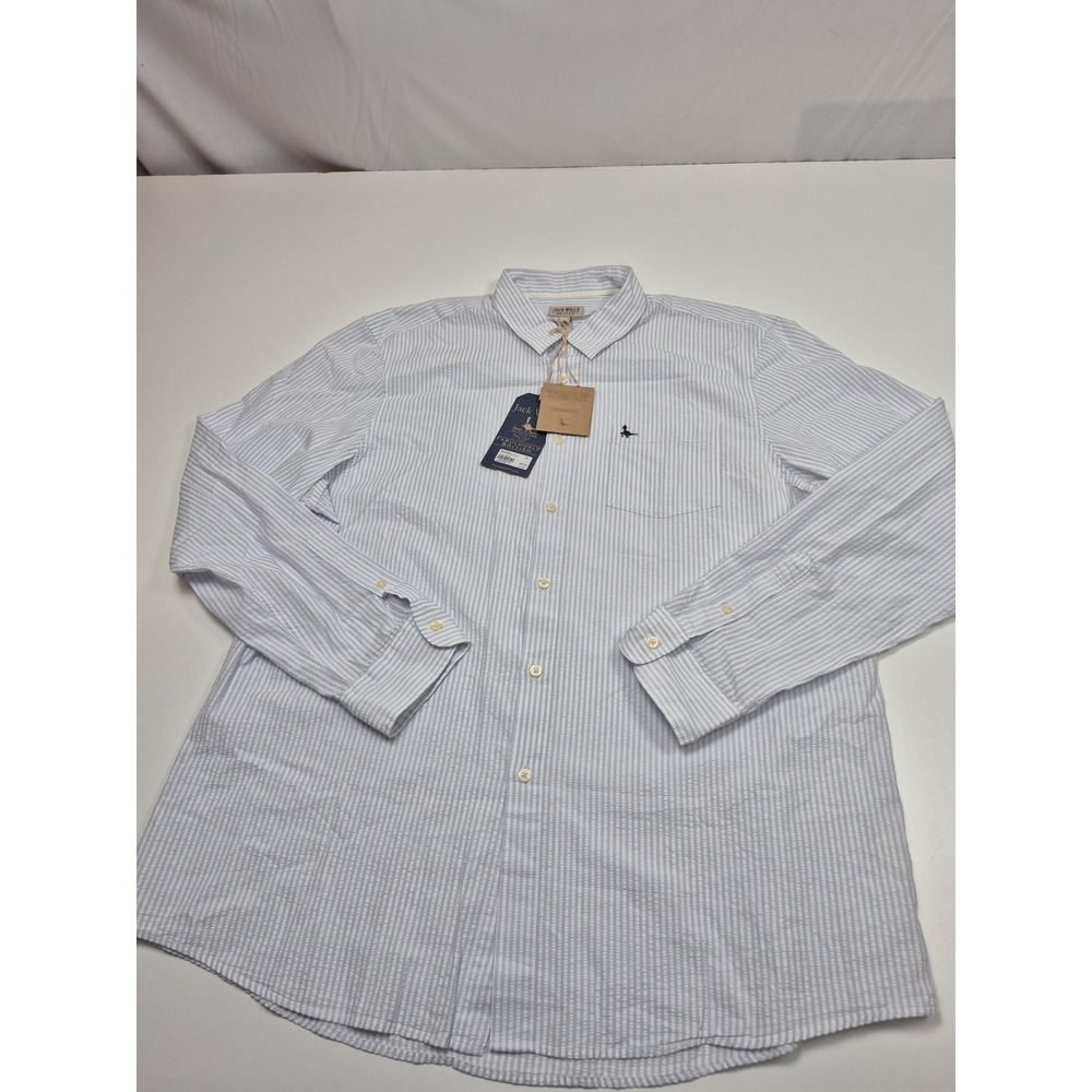 Jack Wills Shirt Mens 2XL Blue Chalk Stripe Seersucker Button Up L/S Casual